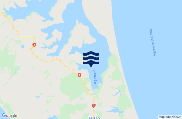 Mapa da tábua de marés em Te Kao Bay, New Zealand
