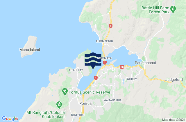 Mapa da tábua de marés em Te Onepoto Bay, New Zealand