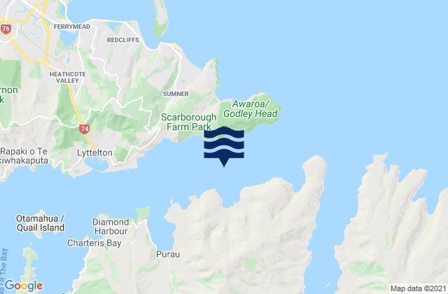Mapa da tábua de marés em Te Pohue/Camp Bay, New Zealand