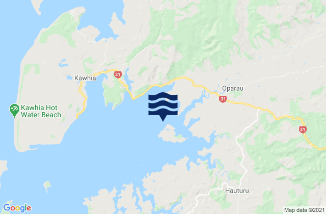 Mapa da tábua de marés em Te Rarangi Rocks, New Zealand