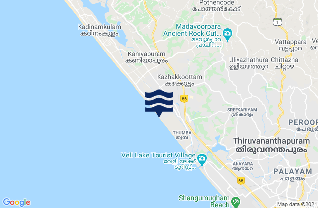 Mapa da tábua de marés em Technopark, India