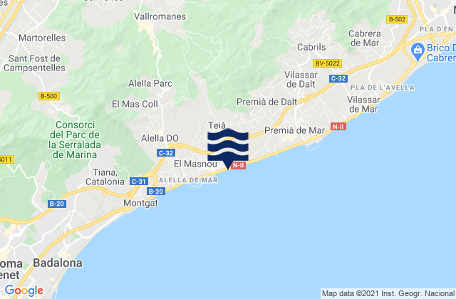 Mapa da tábua de marés em Teià, Spain