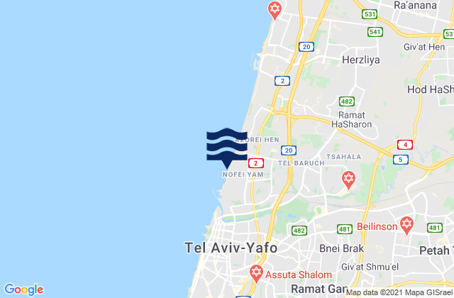 Mapa da tábua de marés em Tel Baruch North Beach, Palestinian Territory