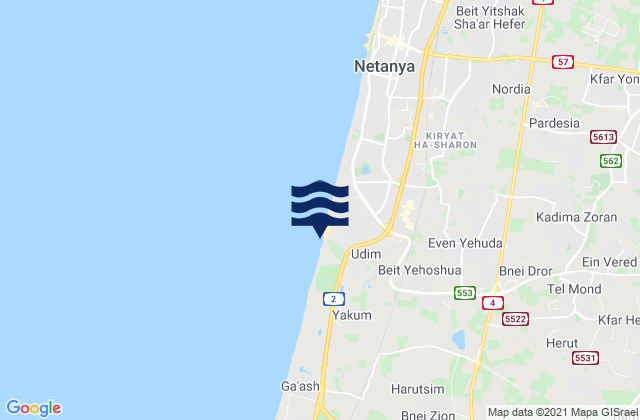 Mapa da tábua de marés em Tel Mond, Israel
