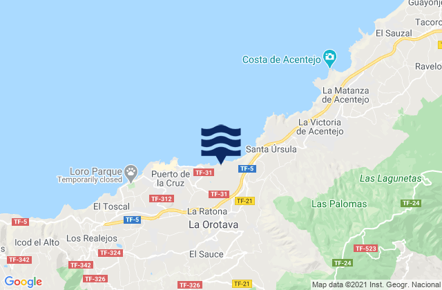 Mapa da tábua de marés em Tenerife, Spain
