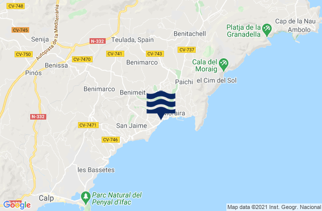 Mapa da tábua de marés em Teulada, Spain