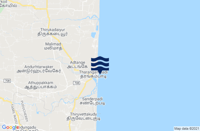 Mapa da tábua de marés em Tharangambadi, India