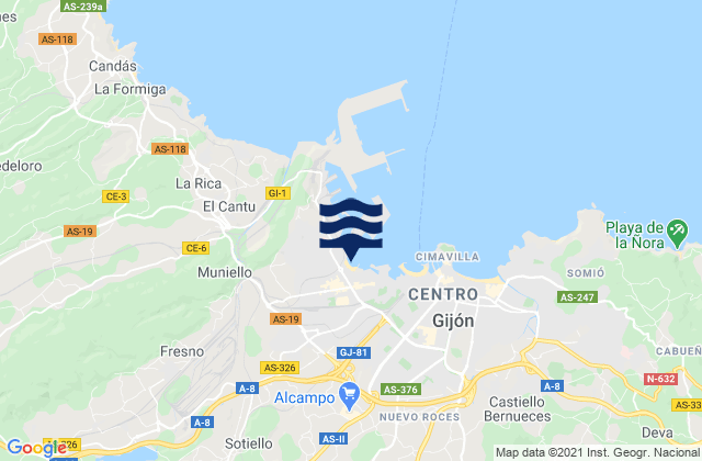 Mapa da tábua de marés em The Box, Spain
