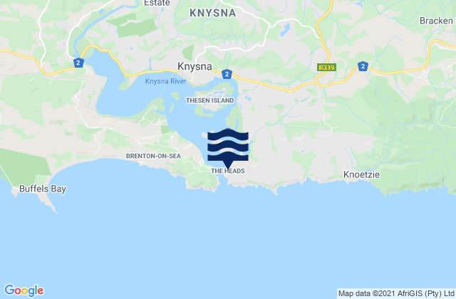 Mapa da tábua de marés em The Heads, South Africa