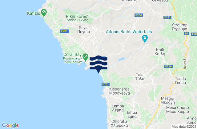 Mapa da tábua de marés em Thelétra, Cyprus