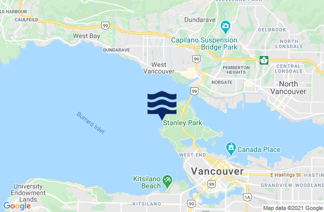 Mapa da tábua de marés em Third Beach, Canada