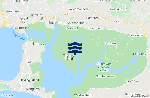 Mapa da tábua de marés em Thorney Island, United Kingdom