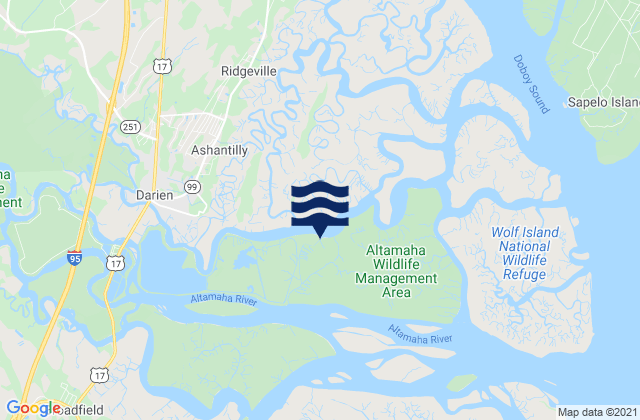 Mapa da tábua de marés em Threemile Cut Entrance Darien River, United States