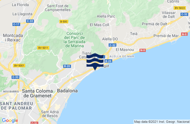 Mapa da tábua de marés em Tiana, Spain