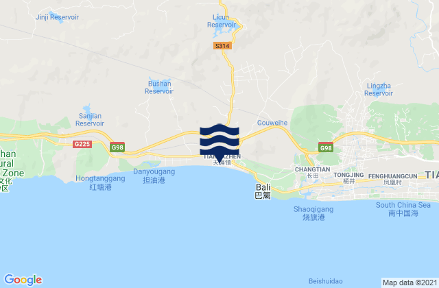 Mapa da tábua de marés em Tianya, China