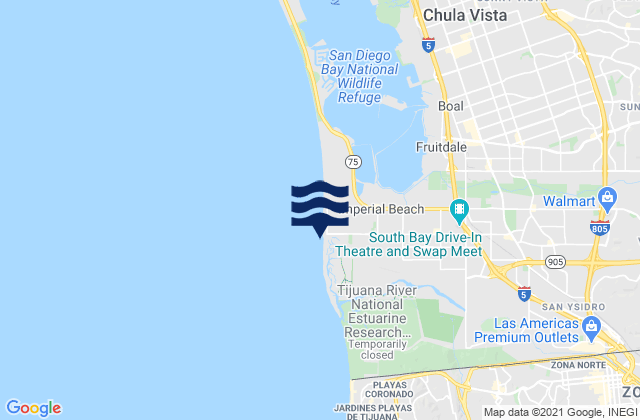 Mapa da tábua de marés em Tijuana Sloughs, Mexico