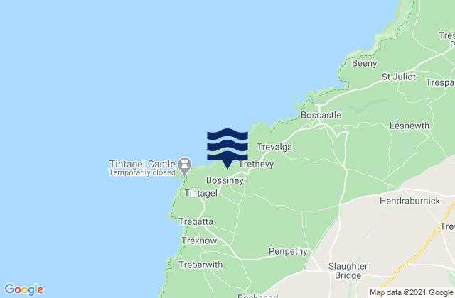 Mapa da tábua de marés em Tintagel, United Kingdom