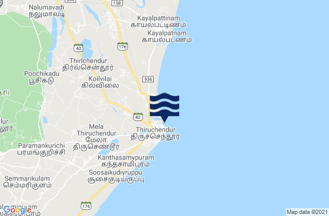 Mapa da tábua de marés em Tiruchchendur, India
