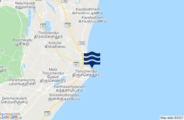 Mapa da tábua de marés em Tiruchendur, India