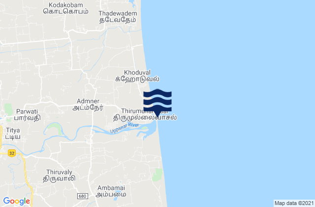 Mapa da tábua de marés em Tirumullaivāsal, India