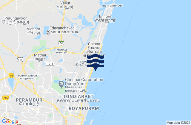 Mapa da tábua de marés em Tiruvottiyūr, India