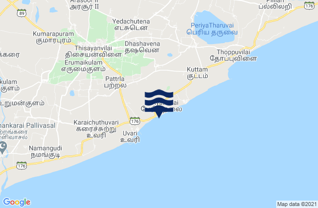 Mapa da tábua de marés em Tisaiyanvilai, India