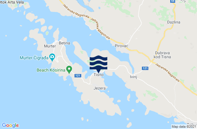Mapa da tábua de marés em Tisno, Croatia
