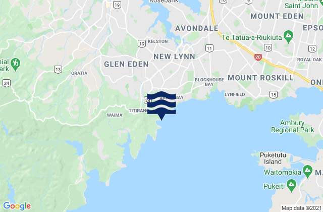 Mapa da tábua de marés em Titirangi, New Zealand