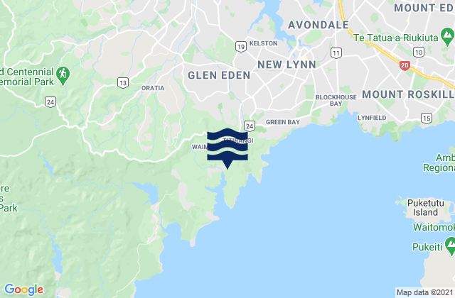 Mapa da tábua de marés em Titirangi Beach, New Zealand