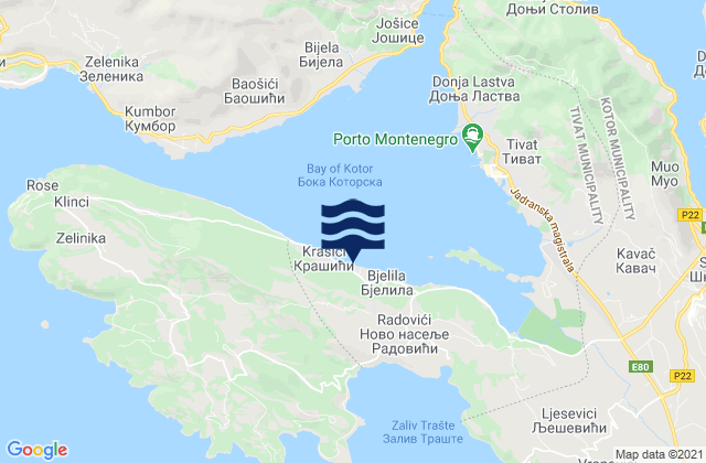 Mapa da tábua de marés em Tivat, Montenegro