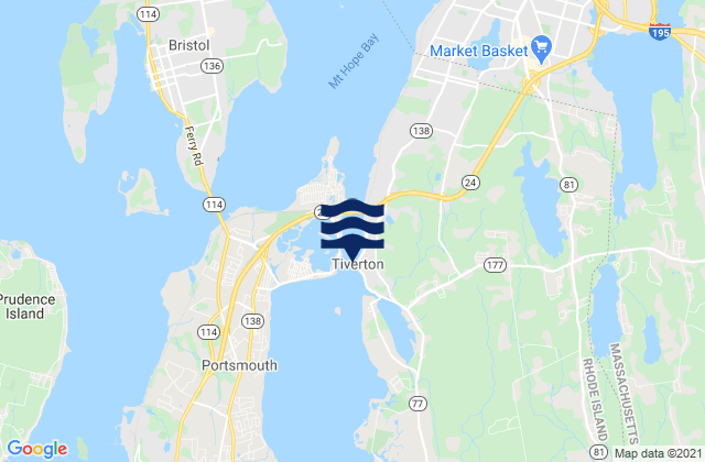 Mapa da tábua de marés em Tiverton, United States