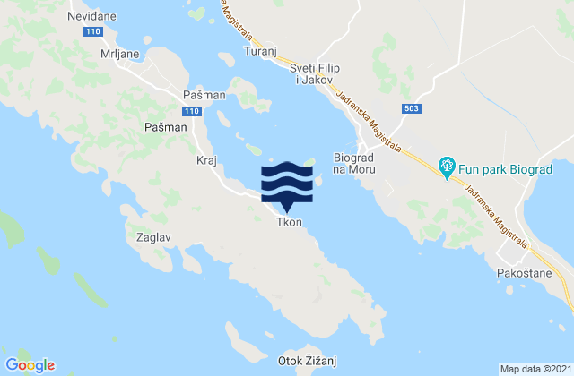 Mapa da tábua de marés em Tkon, Croatia