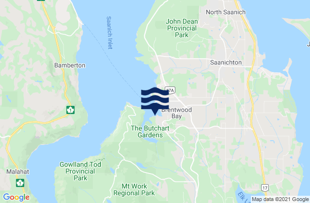 Mapa da tábua de marés em Tod Inlet, Canada