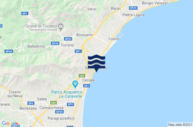 Mapa da tábua de marés em Toirano, Italy