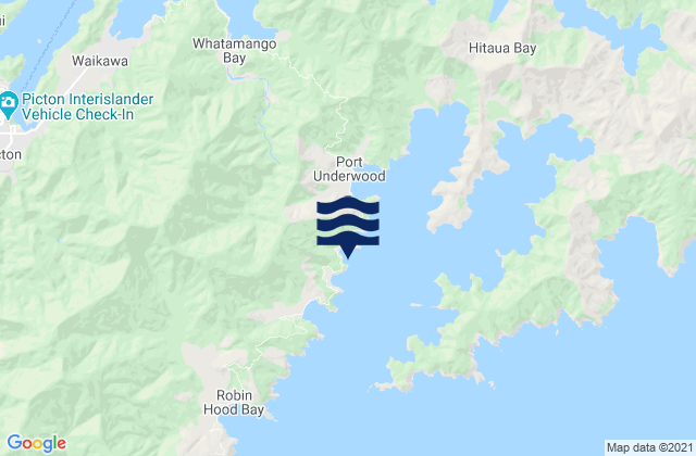 Mapa da tábua de marés em Tom Canes Bay, New Zealand
