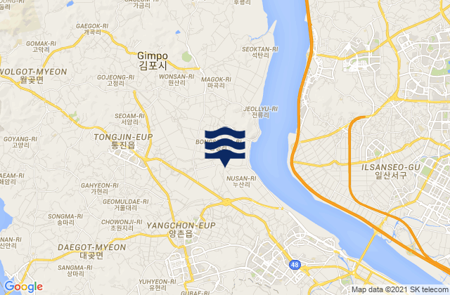 Mapa da tábua de marés em Tongjin, South Korea