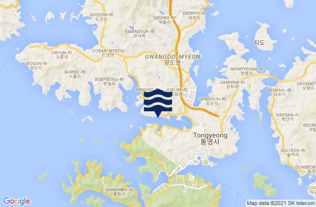 Mapa da tábua de marés em Tongyeong-si, South Korea