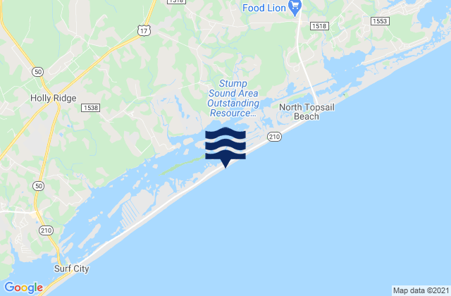 Mapa da tábua de marés em Topsail Island, United States