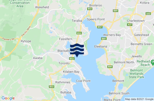 Mapa da tábua de marés em Toronto Bay, Australia