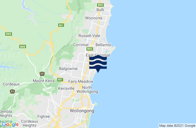Mapa da tábua de marés em Towradgi, Australia