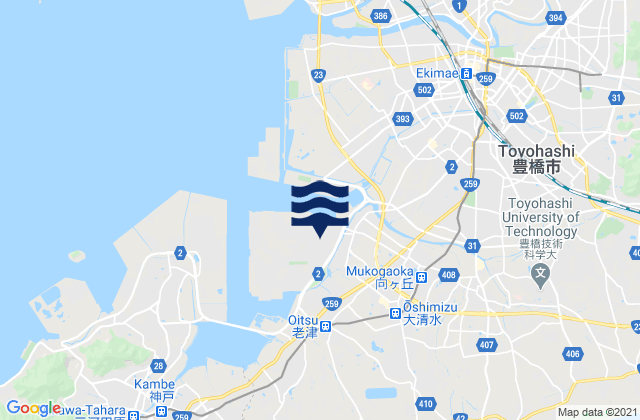 Mapa da tábua de marés em Toyohasi, Japan