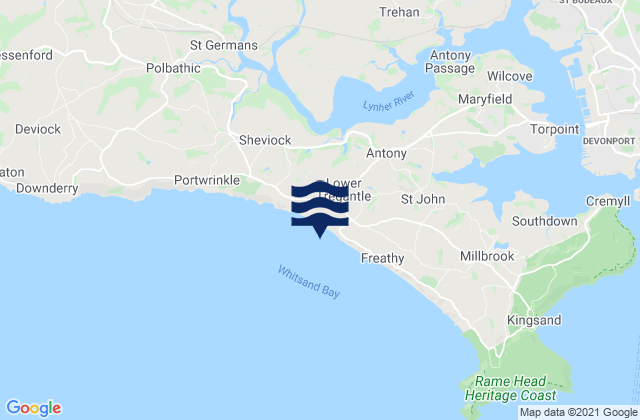 Mapa da tábua de marés em Tregantle Beach, United Kingdom