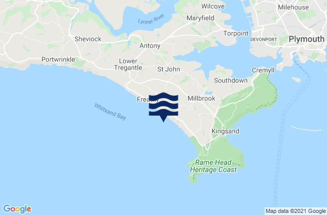 Mapa da tábua de marés em Tregonhawke Beach, United Kingdom