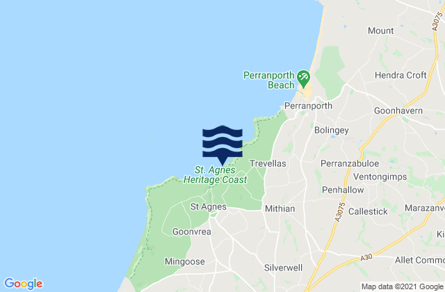 Mapa da tábua de marés em Trevellas Porth Beach, United Kingdom
