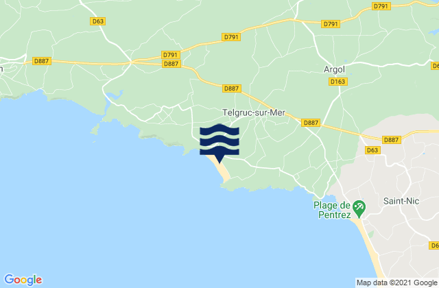 Mapa da tábua de marés em Trez Bellec Plage, France