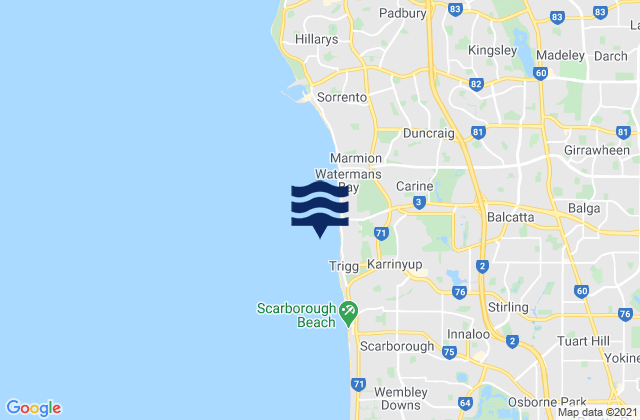 Mapa da tábua de marés em Trigg, Australia
