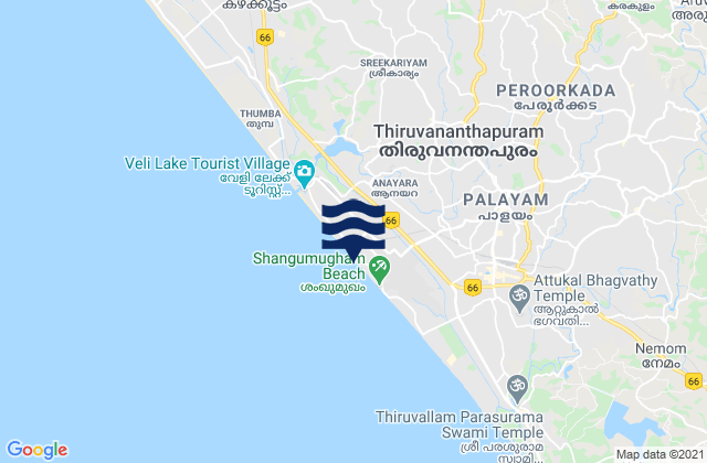 Mapa da tábua de marés em Trivandrum, India