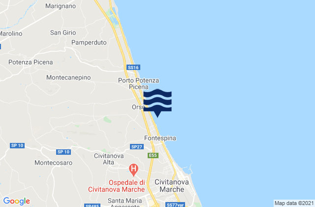 Mapa da tábua de marés em Trodica, Italy