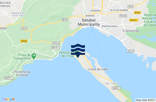 Mapa da tábua de marés em Troia, Portugal