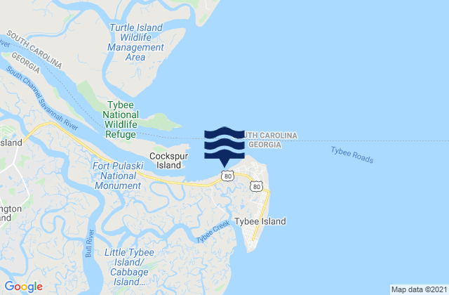 Mapa da tábua de marés em Tybee Island, United States